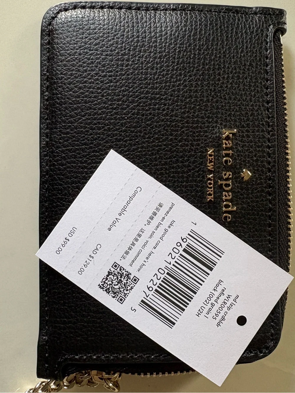 New! Kate Spade Black Zip Card Case Key Ring